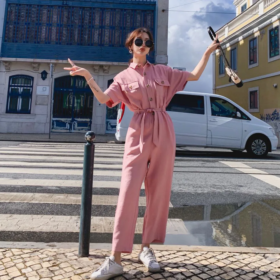 

Photo Shoot CHIC Vigorous GIRL'S Elegant Ol Light Pink Fold-down Collar Single Breasted Waist Hugging Lace-up Capri Wide-Leg One