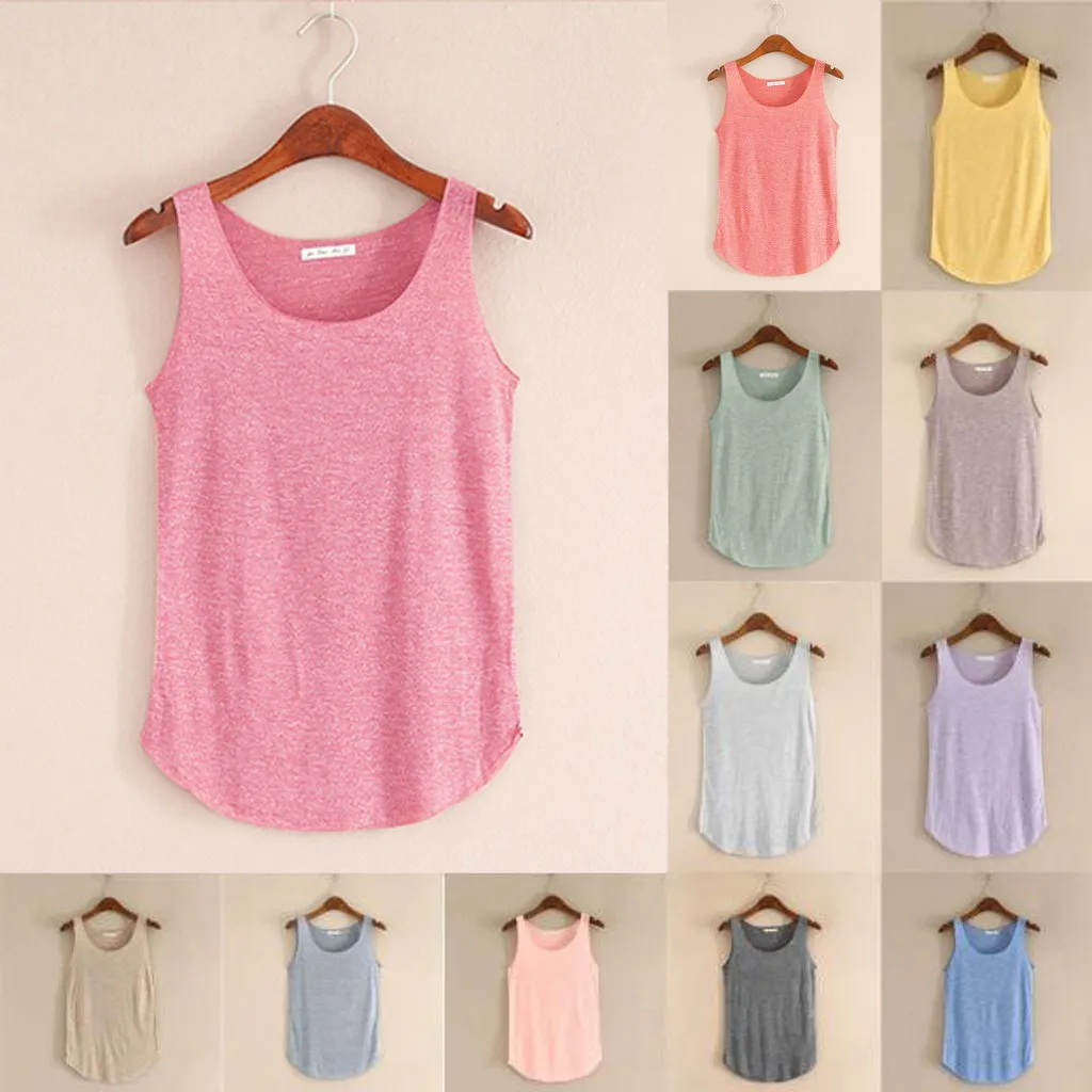 

Girl's Summer Tank-sleeveless Round Neck Tank Tops Solid Female Cotton Loose Singlets Vest Camisetas sin mangas FJSL