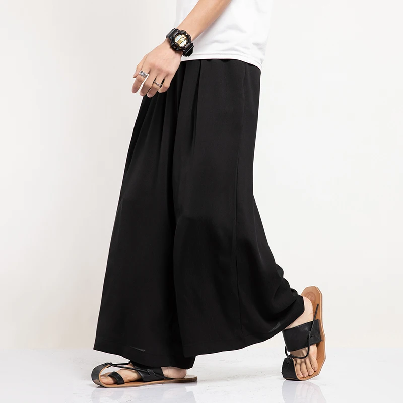 Men Linen Wide Leg Pants Mens Harajuku Streetwear Harem Pants Male Chinese Style HanFu Kongfu Trousers Ankle-Length