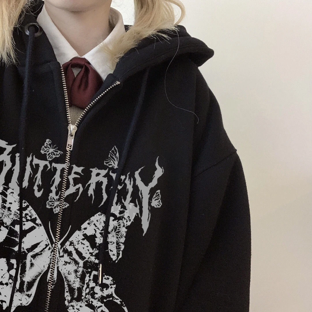 Women's Y2K Retro Dark Gray молния бабочка с капюшон Sweatshirt 90s Harajuku Punk Gothic Zip Up Hoodie Long-sleeved Loose Jacket