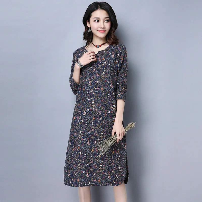 

Photo Shoot 2019 Spring Clothing New Style Large Size Dress Cotton Linen National Wind Retro Frog Printed Long Sleeve One Piece