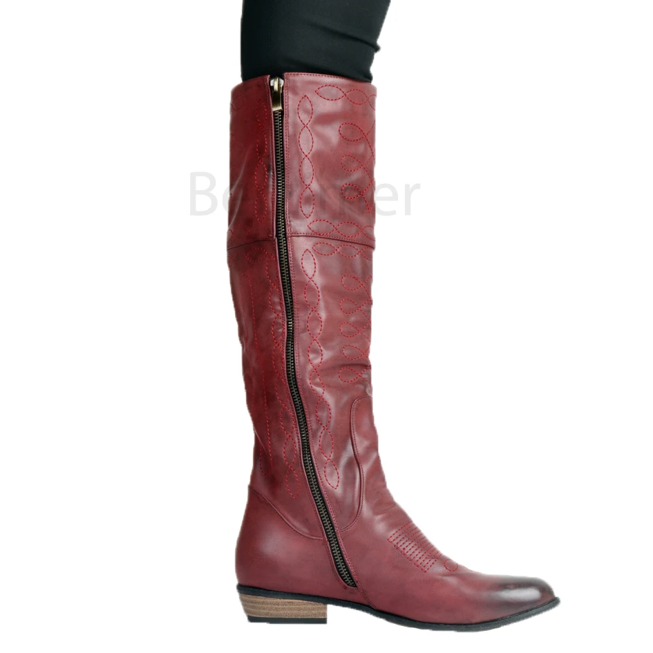 BERZIMER/Винтажные ковбойские сапоги; сапоги до колена с боковой молнией; Zapatos de Mujer; сапоги с вышивкой; женская обувь; большие размеры 39, 45, 50, 52