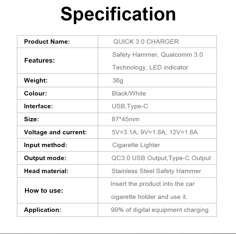 QGEEM USB C автомобильное зарядное устройство Quick Charge 3,0 Авто Тип C быстрое автомобильное зарядное устройство адаптер молоток 3USB портативное автомобильное зарядное устройство для iPhone Xiaomi