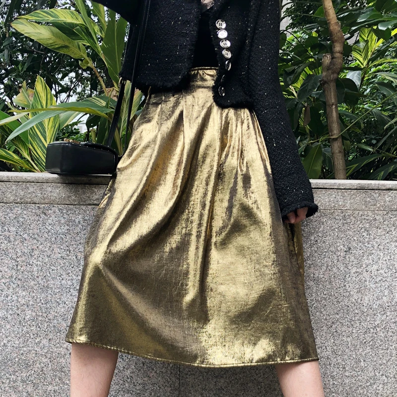 Fashion Tide Spring New Golden Drape Texture Heavy Work Side Zipper Temperament High Waist Pleated Skirt Female PB991 - Цвет: Gold