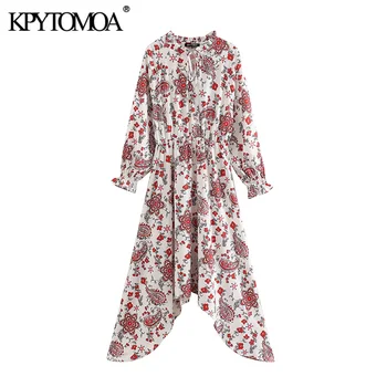 

KPYTOMOA Women 2020 Chic Fashion Floral Print Asymmetrical Midi Dress Vintage Tied Neck Long Sleeve Female Dresses Vestidos