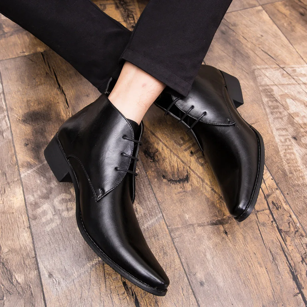 Pointed Toe British Style Men's Autumn And Winter Glossy leather Black Thick Mid Heel Boots Business Male High-tops botas hombre