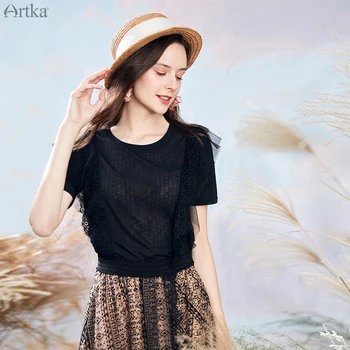 

ARTKA 2020 Summer New Women T-shirt Fashion O-Neck Black T-shirt Loose Short Sleeve Mesh Lace T-shirts Women ZA20105X