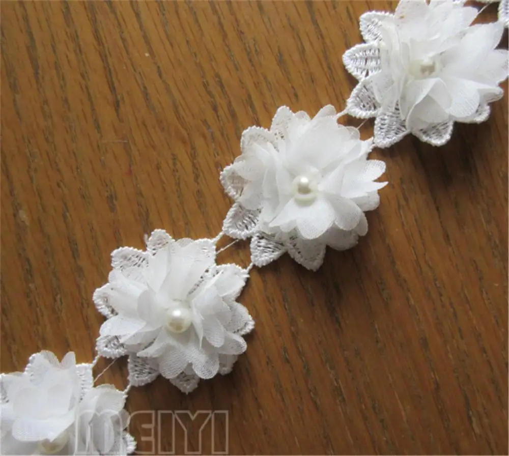 50x White Flower Chiffon Pearl Embroidered Lace Trim Ribbon Fabric Handmade DIY Sewing Craft For Costume Hat Shoes Decoration lace fabric lace ribbon chiffon fabric lace sewing supplies chiffon lace fabric lace decoration lace accessories lace sewing accessories