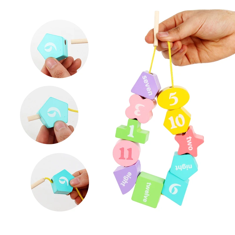 Children's multi-function labyrinth beaded toy 12 hole geometry beaded wooden blocks digital walking game wooden montessori toys
