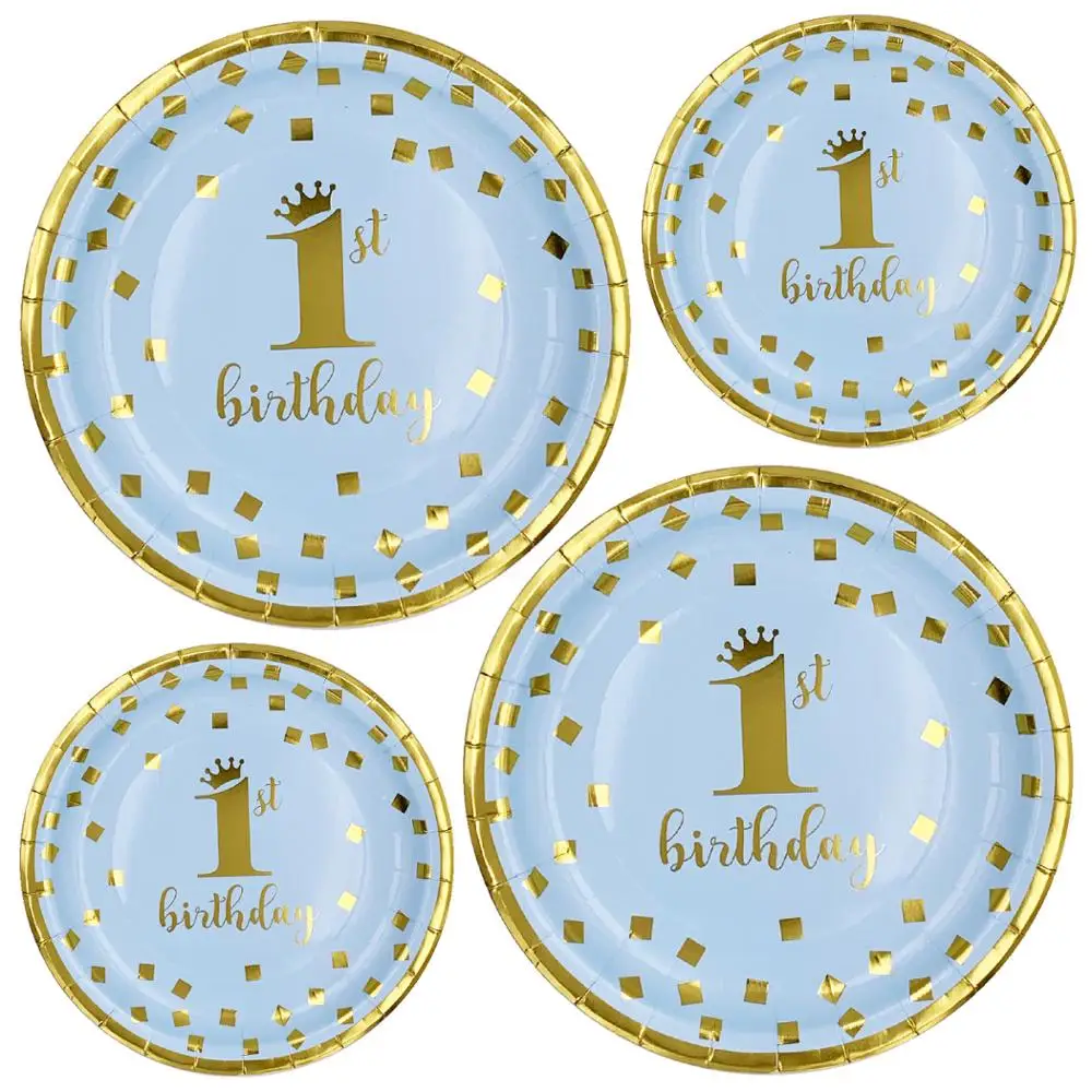 cheap Blue Boy 1st Birthday Party Disposable Tableware Paper Cup Tablecloth Plate Flag First Anniversary Party Supplies