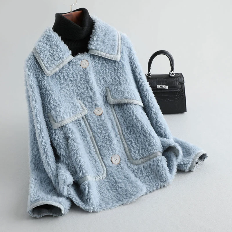 Pudi A19058 женская зимняя натуральная шерсть шуба короткая куртка пальто Дамская мода натуральная меховая шуба верхняя одежда - Цвет: light blue