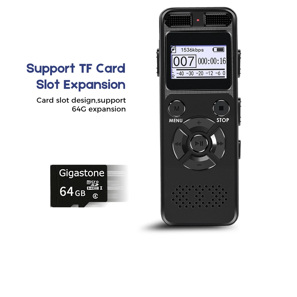 Digital Voice Audio Activated Recorder Dictaphone Registrar MP3 HIFI Stereo 1536KPS WAV Recording Device Gray For Business Gray