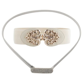 

2 Pcs clothes Accessories:1 Pcs Rectangle Buckle Elastic Waist Chain & 1 Pcs Flower Elastic Narrow Waist Belt Band,Beige
