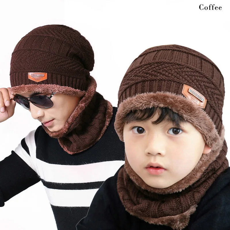 coffee HEFLASHOR/Зимний комплект из 2 предметов, Шапочка-шарф, теплая вязаная Толстая шерстяная Кепка с подкладкой, шарф для мужчин, женщин и детей, Новая мода - Цвет: coffee