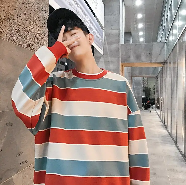 

Autumn hip hop O-neck long sleeve loose striped sweatshirt men