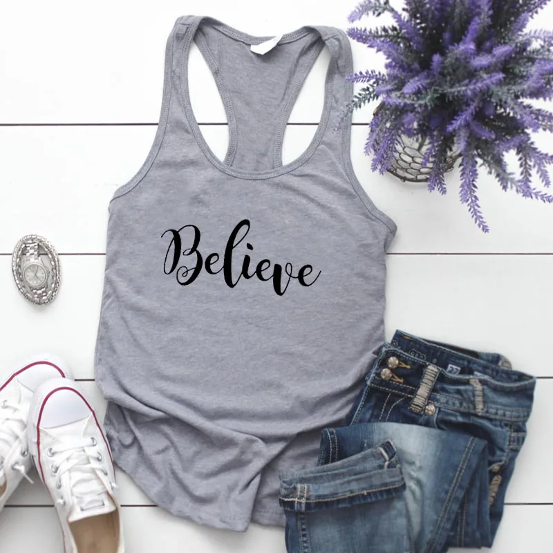 Женская майка с надписью believe, летняя мода, без рукавов, с открытыми плечами, графическая футболка, бюстье, топы, Прямая поставка