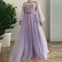 Robe De bal Simple en crêpe violet, Robe De soirée De célébrité pour filles, manches longues, fermeture éclair au dos avec ceinture