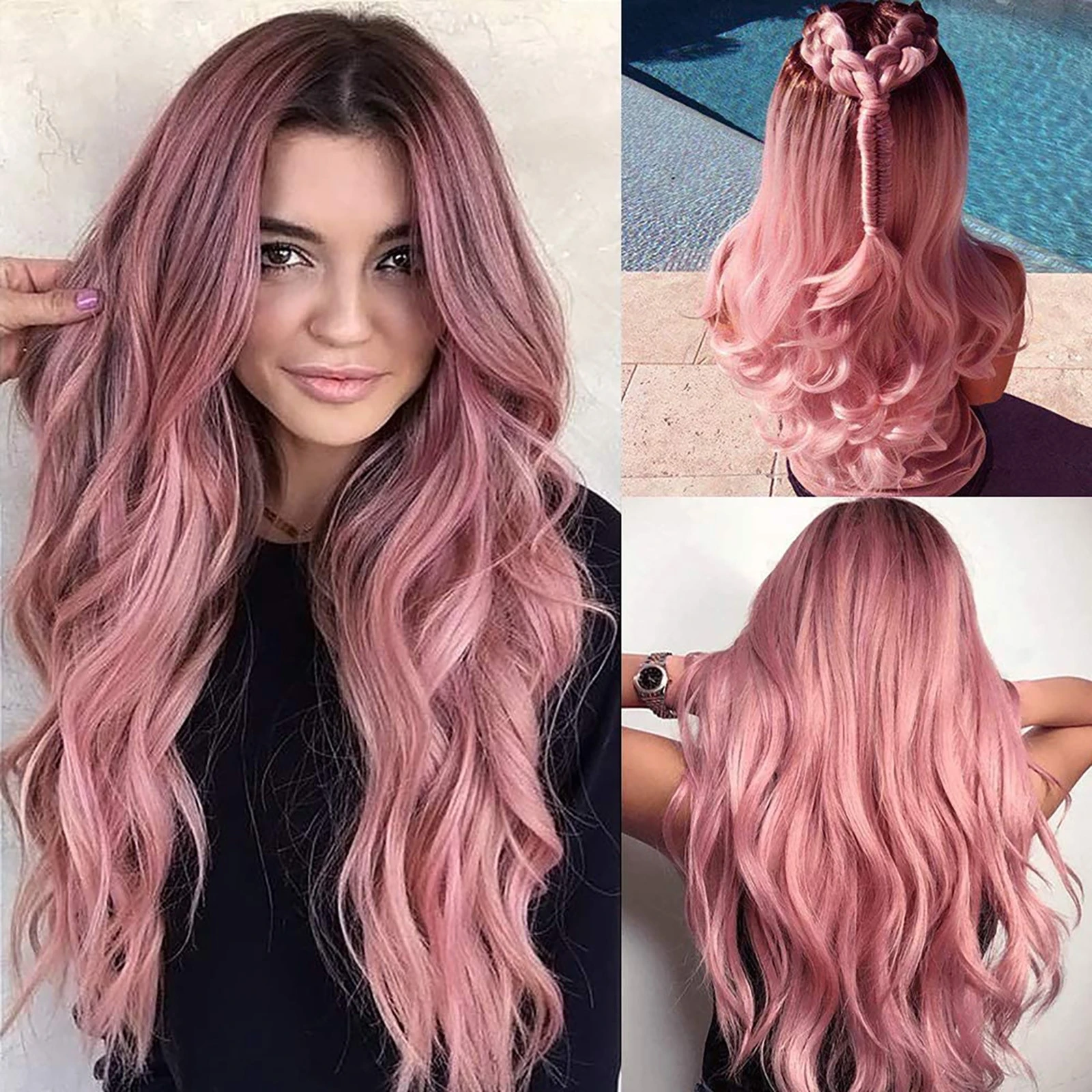 Pink Hair Long Wavy Wigs Heat Resistant Synthetic Wig For Women Daily/Party  Natural Black to Brown/Purple/Ash Blonde Wig|Phụ Kiện Trang Phục Bé Trai| -  AliExpress
