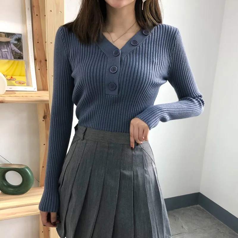 Autumn Knitted Black Sweater Women Casual Pure Bottoming Sweaters Women Button V-Neck Long Sleeve Pullover Autumn Knitted Black Sweater Women Casual Pure Bottoming Sweaters Women Button V-Neck Long Sleeve Pullover