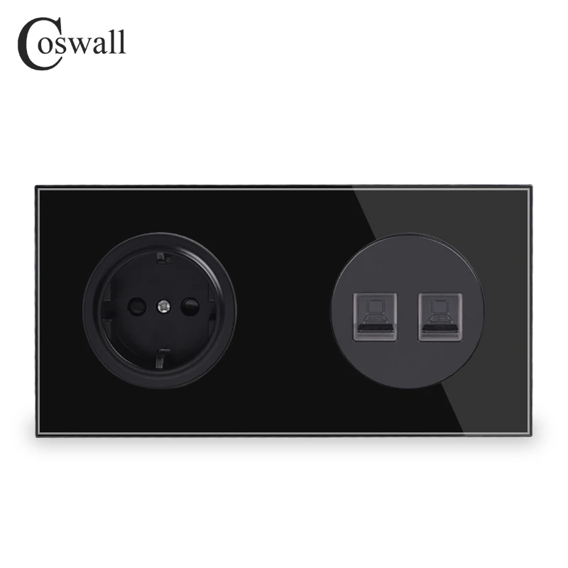 black Coswall Кристалл Закаленное стекло панель настенная розетка стандарта ЕС+ 2 банды CAT5E RJ45 Интернет данных компьютерный разъем 172*86 мм R11 серии - Тип: black