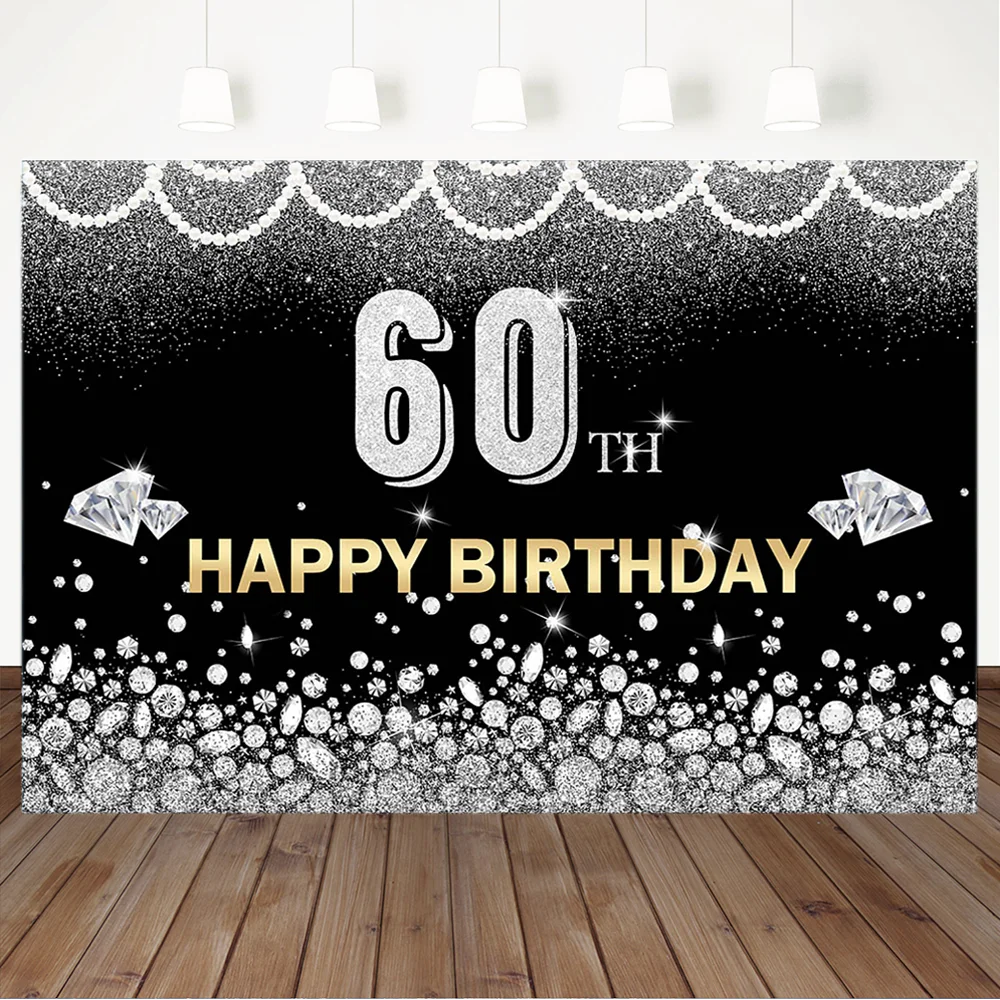 

MOCSICKA Happy 60th Birthday Baxckdrop Silver Glitter Diamond Photography Background Sixty Birthday Party Bnaner Backdrops