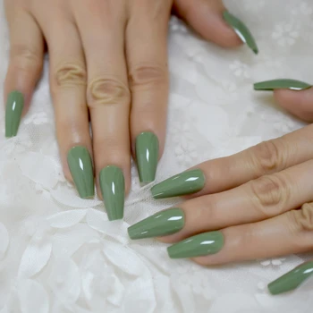 

Tapered Medium Long Ballerina Nail Solid Color UV GelNails Cream Green Beautiful Designed Fingernails 24