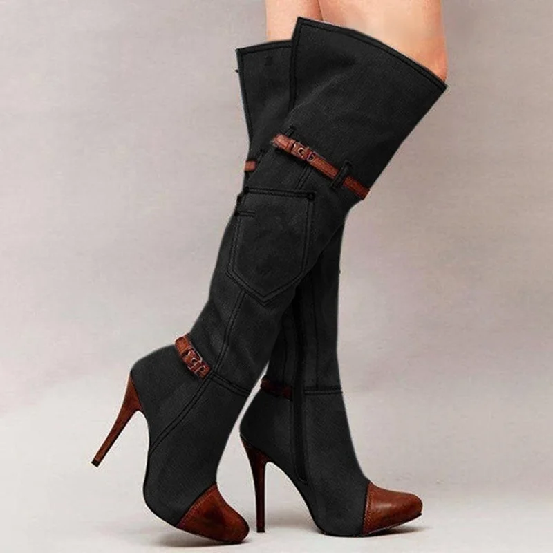 Женские джинсовые сапоги выше колена на высоком каблуке с острым носком; Женская обувь в стиле панк; зимние пикантные высокие сапоги до бедра на платформе
