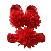 Cute Satin Cloth Flower Princess Shoes + Headband Set - Soft Sole Toddler Walking Shoes for Baby Girls 0-18M 2