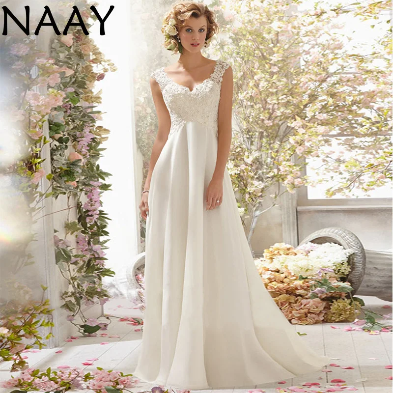 

NAAY A Line Sleeveless Applique Wedding Dresses 2020 White Plus Size Cheap Bohemian Bridal Gown Vestido De Noiva Custom Made