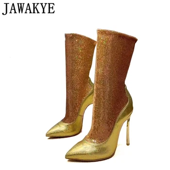 

JAWAKYE Bling Bling Silver Gold Ankle Boots for Women Point toe stiletto High Heel Sock Boots Autumn Elastic sequins Botas Mujer