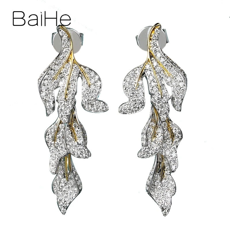 White Yellow Gold BAIHE, 14 к, белое+ желтое золото, 0.54ct H/SI, натуральные бриллианты, свадебные трендовые ювелирные изделия, красивый дизайн в виде листьев, серьги-гвоздики - Цвет камня: White Yellow Gold