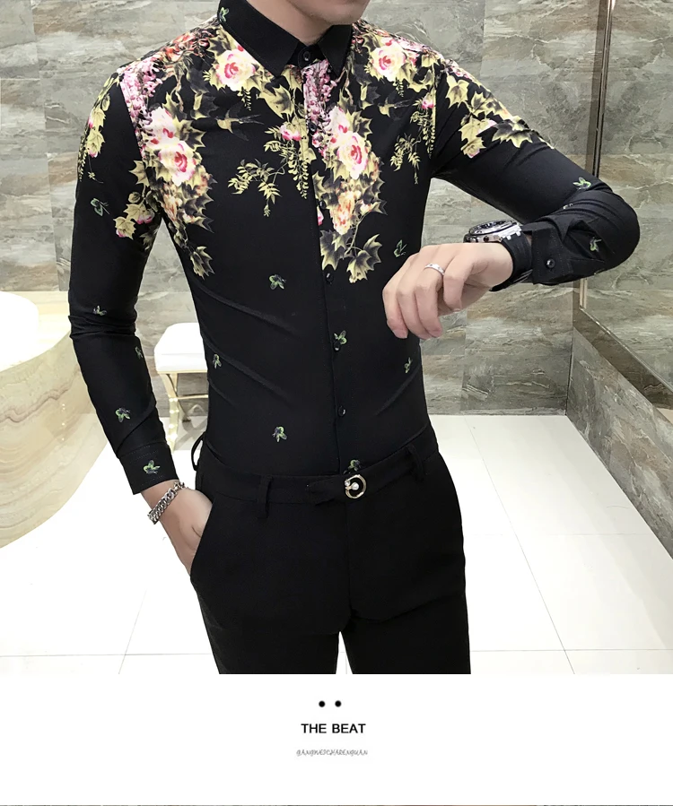 Social Men Club Prom Shirt Kemeja Pria Luxury Flower Printing Shirt Men Black White Long Sleeve Camisa Masculina Chemise Homme