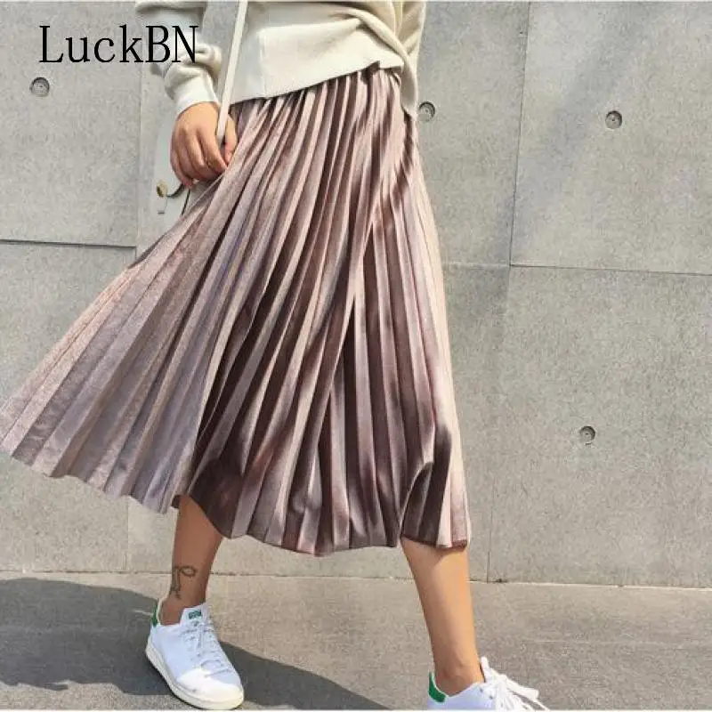 Осенняя Женская длинная металлическая Серебристая плиссированная юбка, Женская миди-юбка с высокой талией, Faldas, повседневные вечерние юбки, Harajuku, бархатные юбки