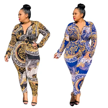 

Autumn Plus Size 2 Piece Set Women V Neck Long Sleeve Playsuit and Slim Pant Print Casual Two Piece Sets Wholesale Dropshipping