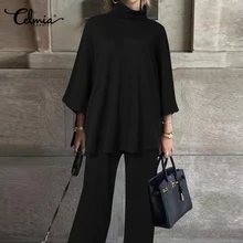 

Celmia Set Women 2 Pieces Winter Warm Suit 2022 Casual Loose Solid Suit Fashion High Collar 3/4 Sleeve Tops Wide Leg Long Pants