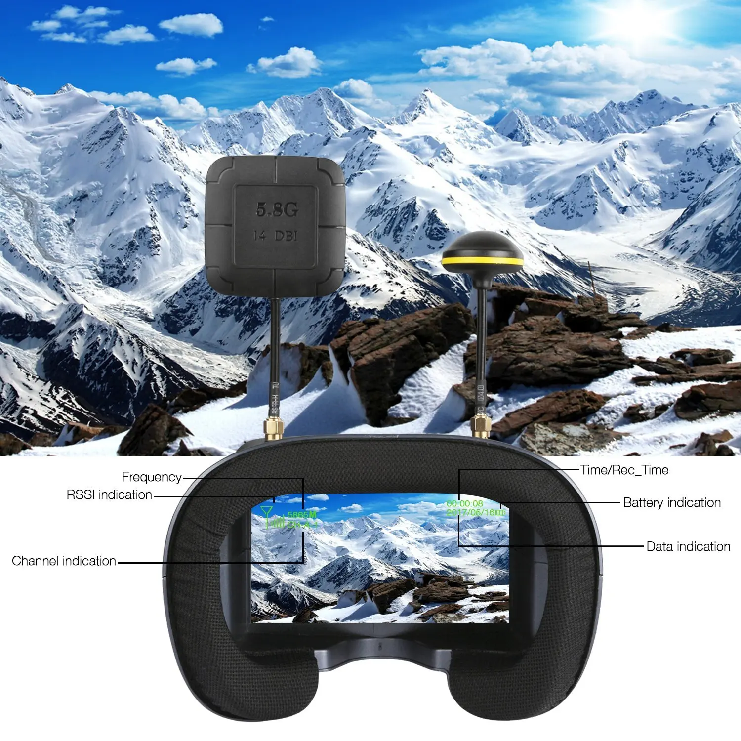 레이싱 드론용 HD LCD 16:9, 마이크로 BWhoop 드론용 008D PRO FPV 고글, 5.8GHz, 40ch 수신기, 3.7V, 2000mAh 배터리, 4.3 인치