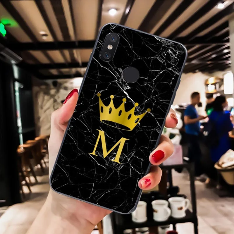 Custom name Letter Monogram Black Marble Gold crown 