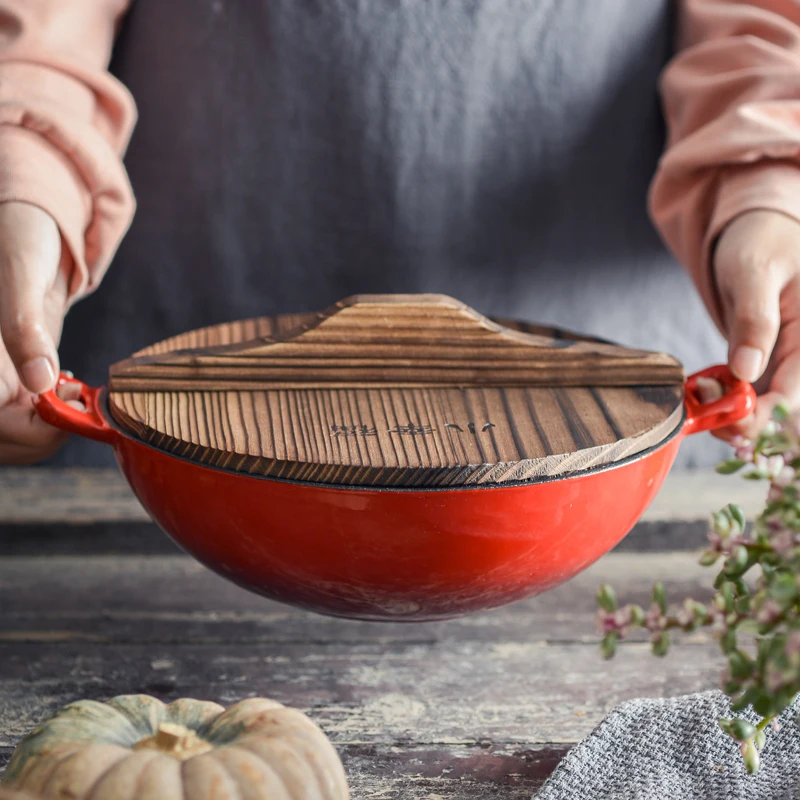 Enameled Cast Iron Dutch Oven With Wooden Lid, Vintage Cast Iron