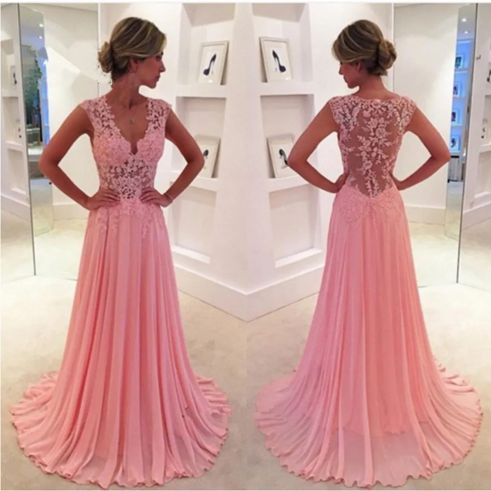 Coral Pink Lace Prom evening gown Long Formal Chiffon illusion Graduation vestido de noiva Mother of the Bride Dresses