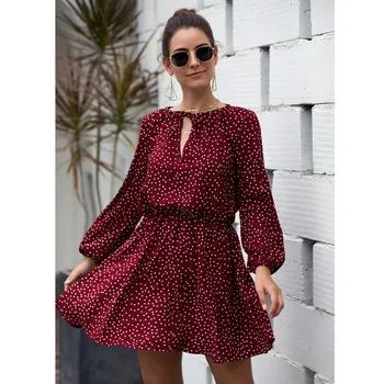 

Boho Dot Print Halterneck Spotted Belt Autumn dresses Women pleated short dress Elegant holiday loose beach mini sundress 828