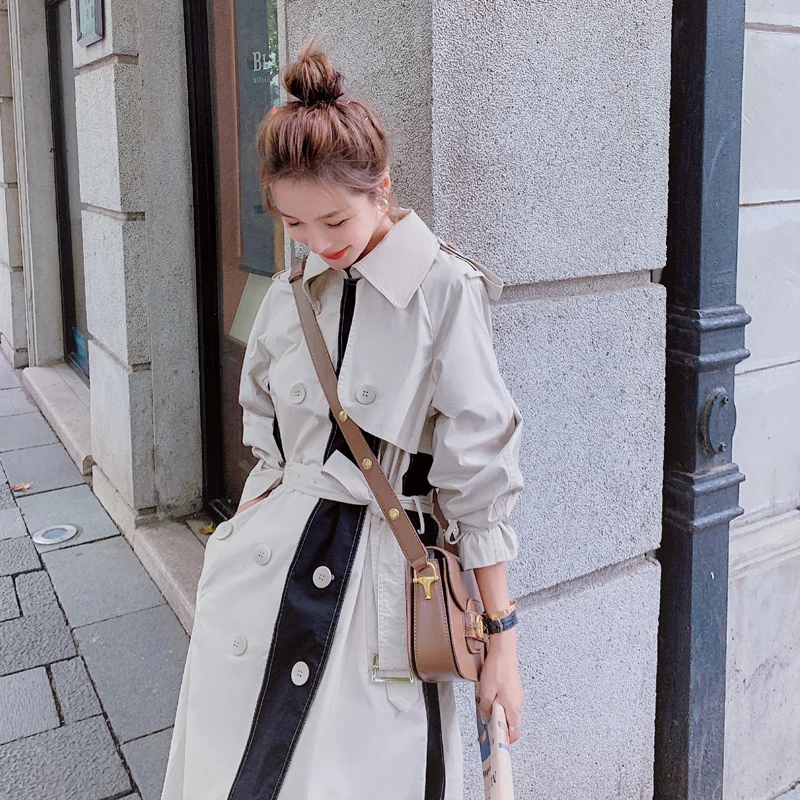 Brand New Fashion Colorblock Long Women Trench Coat Double-Breasted Office Lady Duster Coat with Belt Female Outerwear Autumn