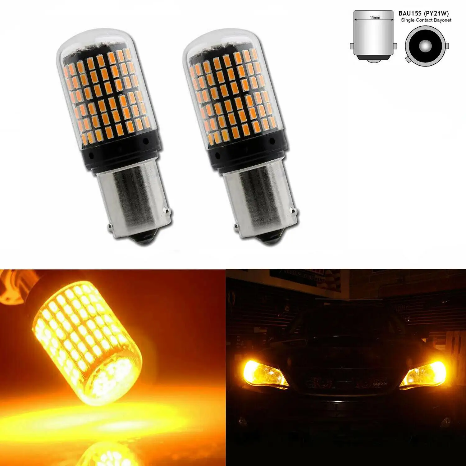 2x 3014 144SMD Amber Yellow 1156 BA15S LED Turn Signal Brake Stop Lights BulbsCar Headlight