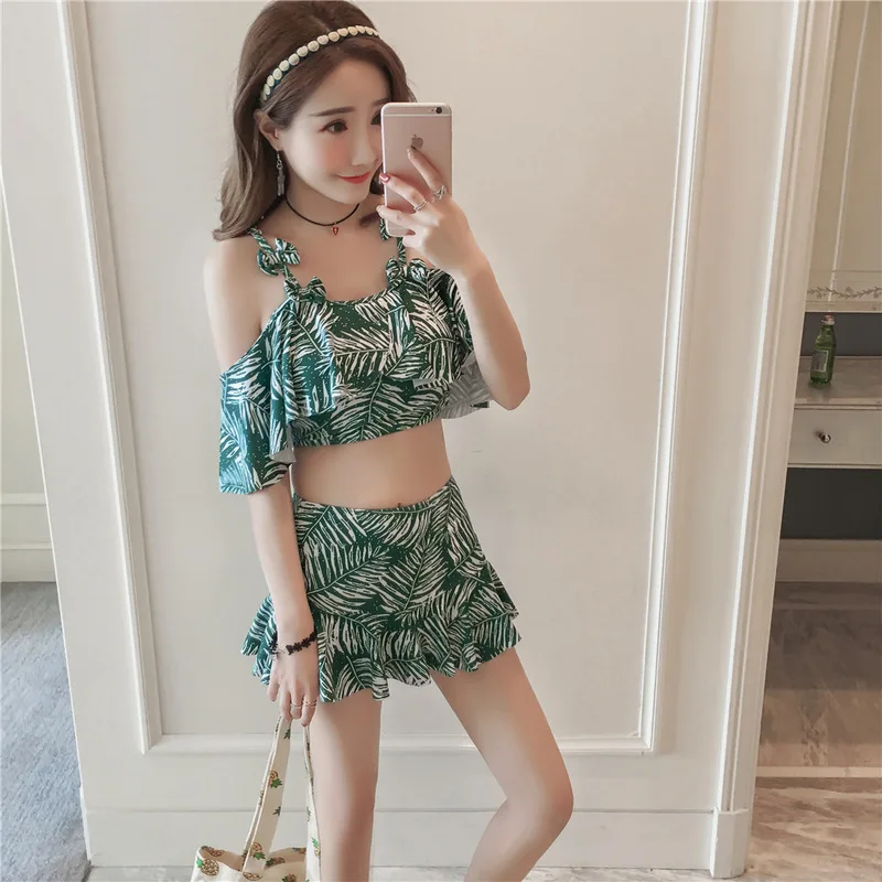 

Swimsuit Women Two Pieces Swim Suit Swimwear Plus Size Bikini Sea Women's Separate High Waist Tankini Suits Falbala Lycra Solid