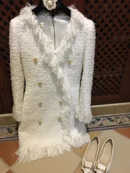

autumn winter celebrity elegant white tweed dresses sexy v-neck long tassle slim bpdycon pencil dress long sleeve dress Y659