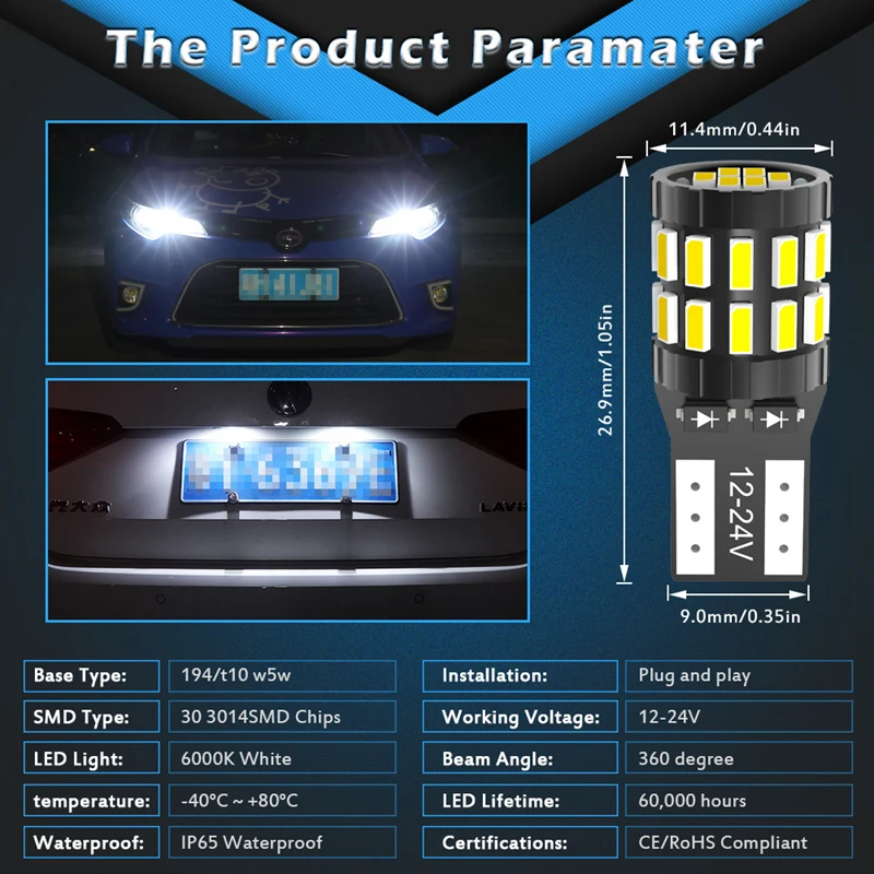 Katur 10 шт. T10 светодиодный Canbus W5W светодиодный лампочка авто лампа 3014 24SMD автомобильный интерьерный светильник 194 168 светильник s лампочка белый красный желтый без ошибок