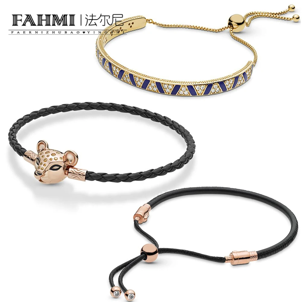 

FAHMI 100% 925 Sterling Silver Summer Shine Stones and Stripes Sliding Bangle Rose Black Leather Bracelet with Lioness Clasp