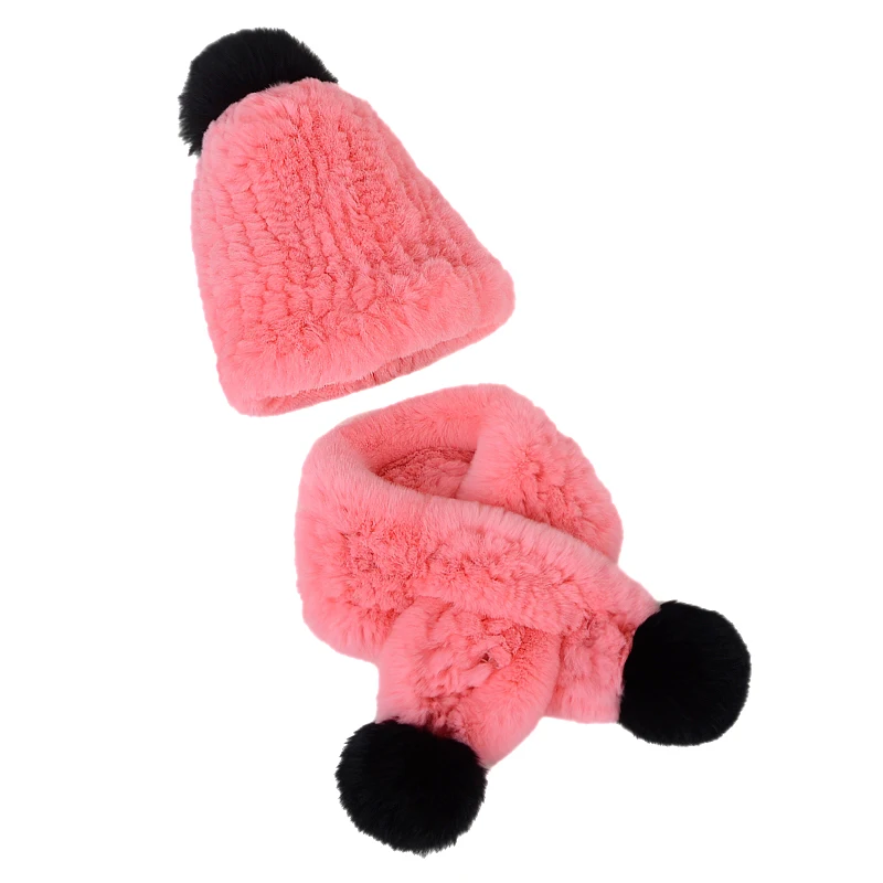 Girls Real Rex Rabbit Fur Hat Scarf Christmas Winter Warm Beanie Cap For Children Hand-Woven Fluffy Soft