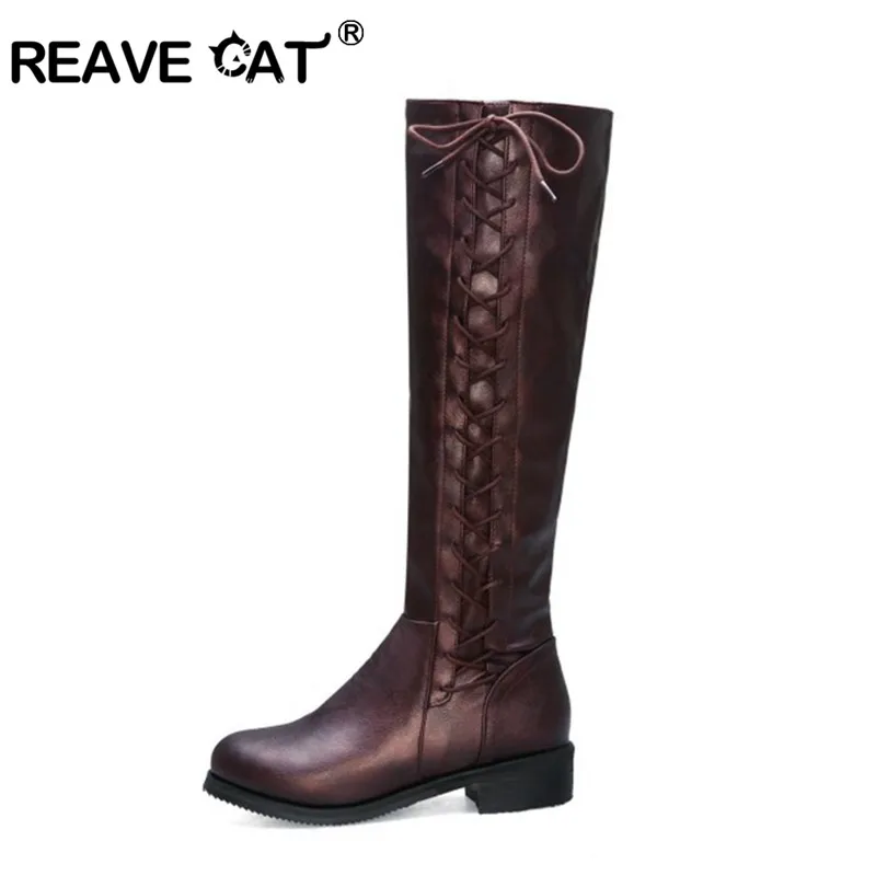 Женские сапоги до колена REAVE CAT зимние черные с острым носком и перекрестной