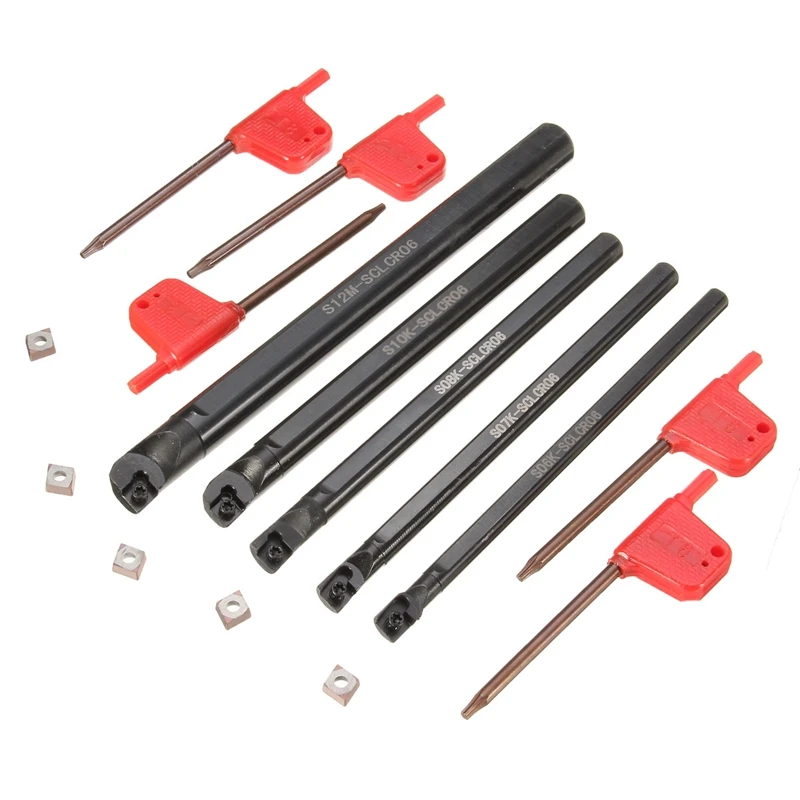 

Boring Bar Tunring Tool SCLCR 6 7 8 10 12mm with 5Pcs CCMT0602 Insert 95 Degree Right Hand Blade Inserts Turning Tool Set
