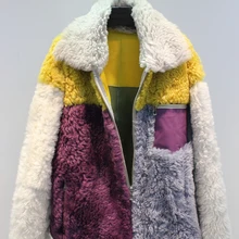 Для женщин Зимняя мода Цвет Блокирование дизайн овечья шерсть поверхность туфли на подкладке из овечьей кожи куртка; верхняя одежда